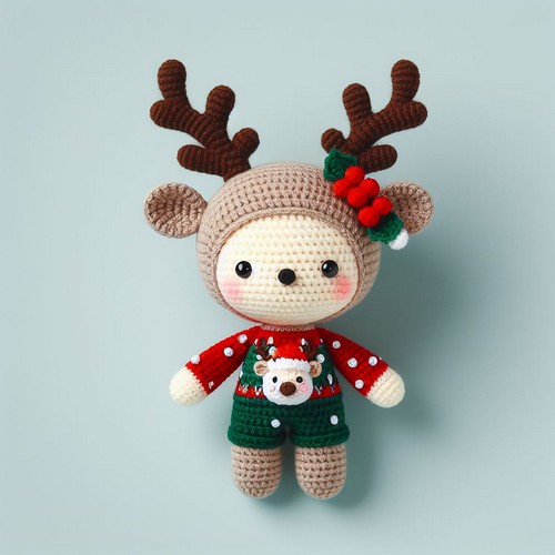 Crochet Amigurumi Doll In Christmas Deer Outfit Pattern