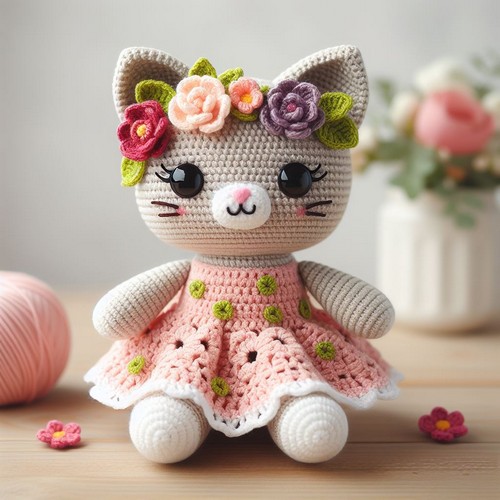Free Crochet Amigurumi Cat In Flower Dress Pattern