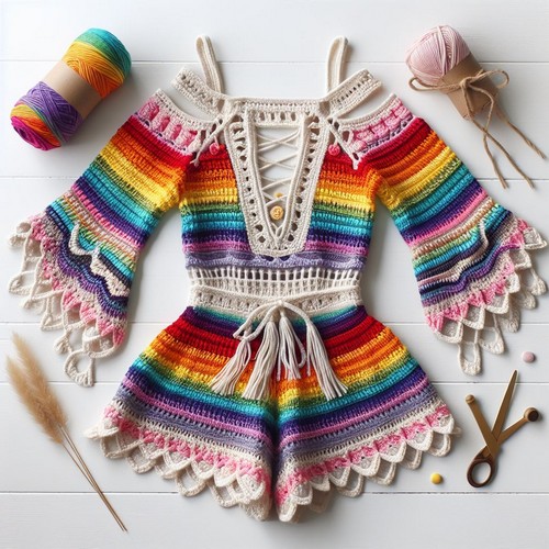 Free Crochet Boho Rainbow Romper Pattern
