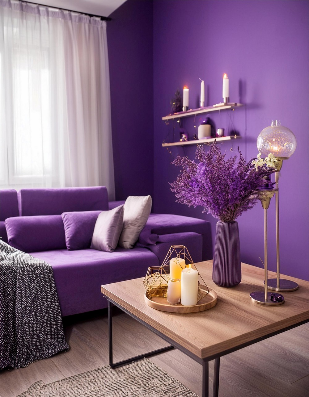 A Couch, Wooden Table And Candles