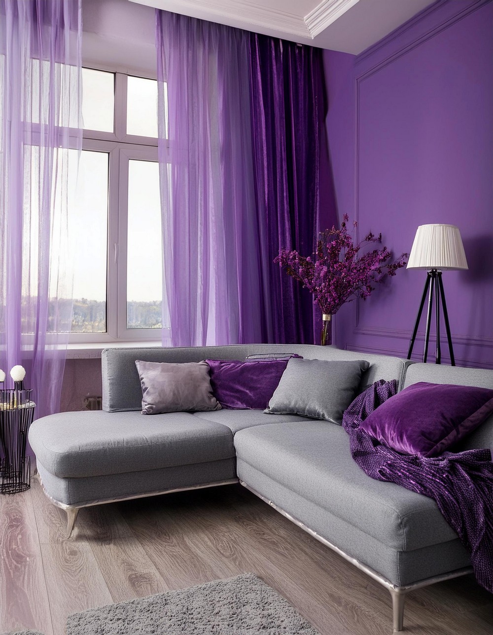 A Gray Sofa And Violet Curtain