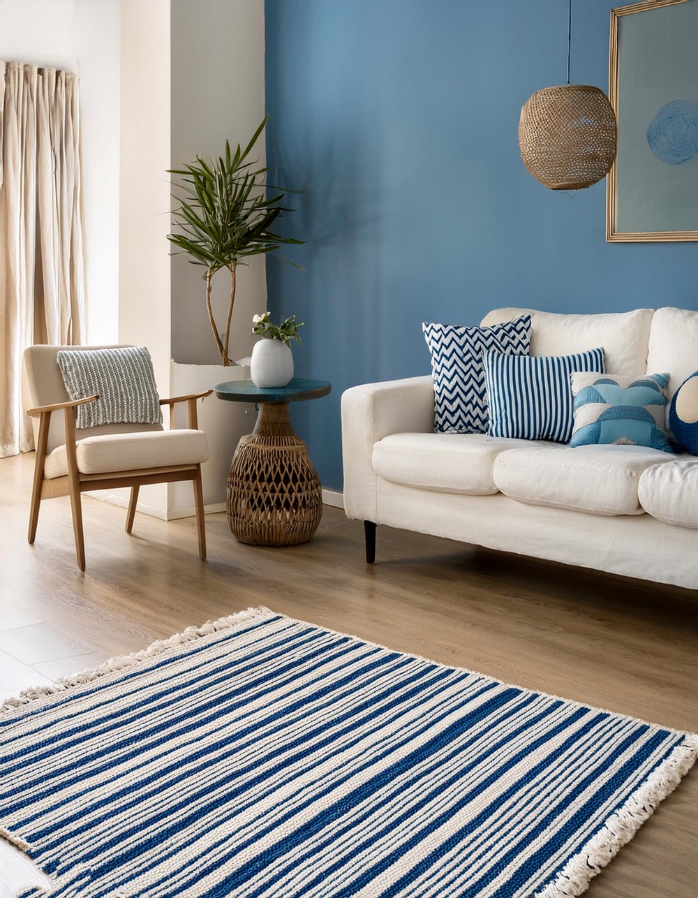 Blue and Cream Striped Rug