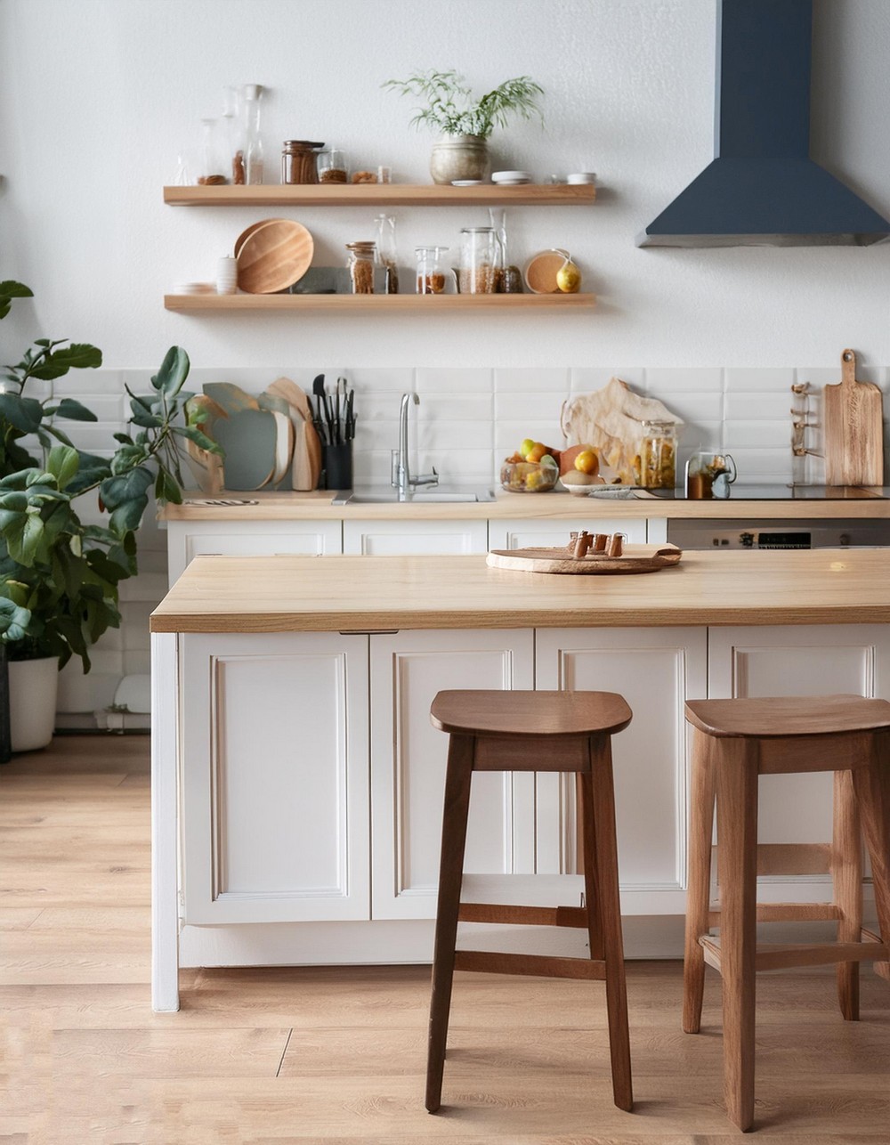 Eclectic Kitchen interior with white table and wooden bar stool