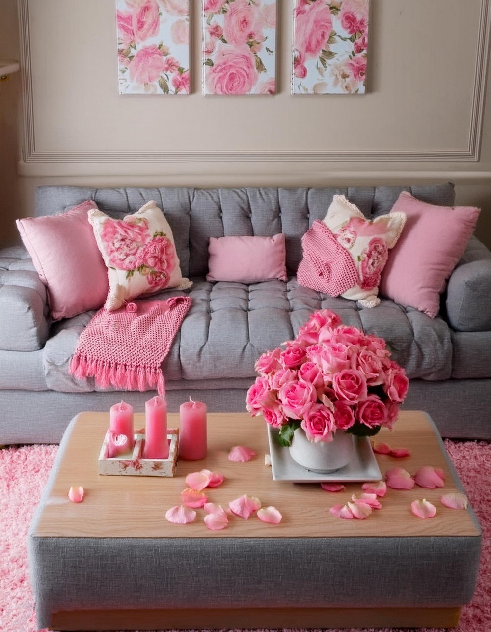 Grey Sectional with Pink Throws