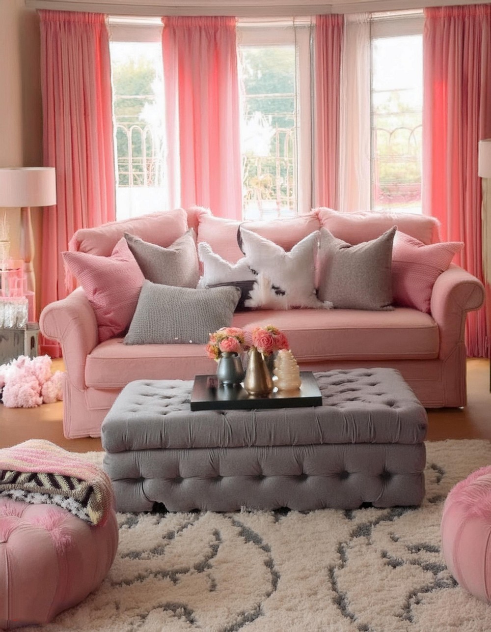 Pink Curtains with Grey Upholstery