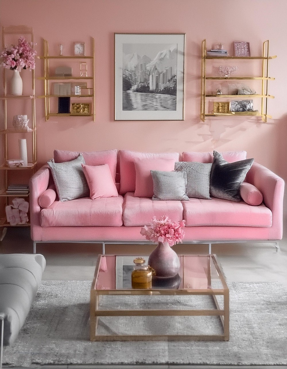 Pink Sofa with Grey Decor