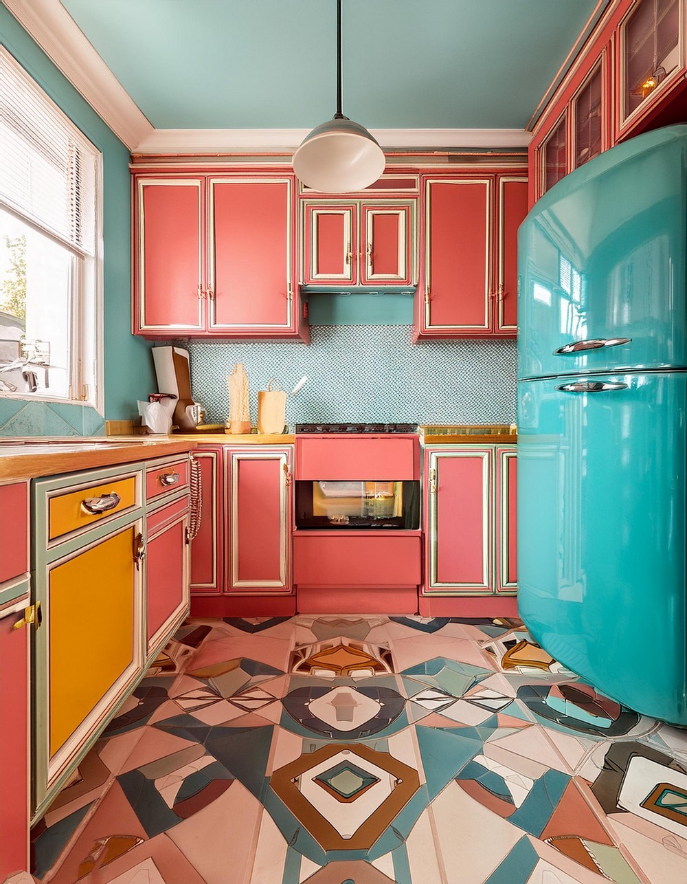 Vibrant Two-Tone Cabinets with Retro Flooring