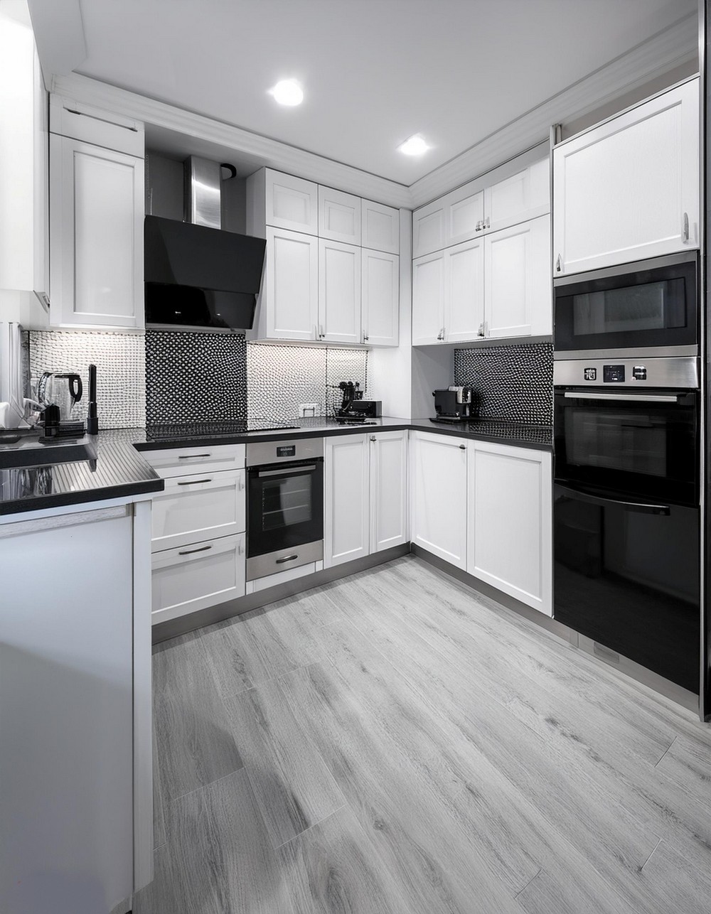 White Kitchen with Black Appliances