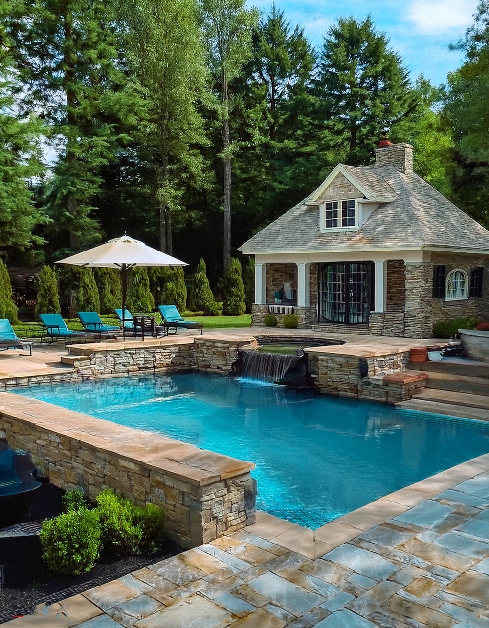 Classic Pool House with Stone Exterior