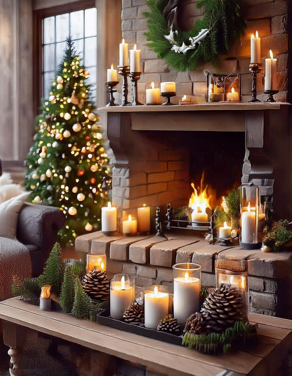 Cozy Fireplace Decor with Pinecones and Candles