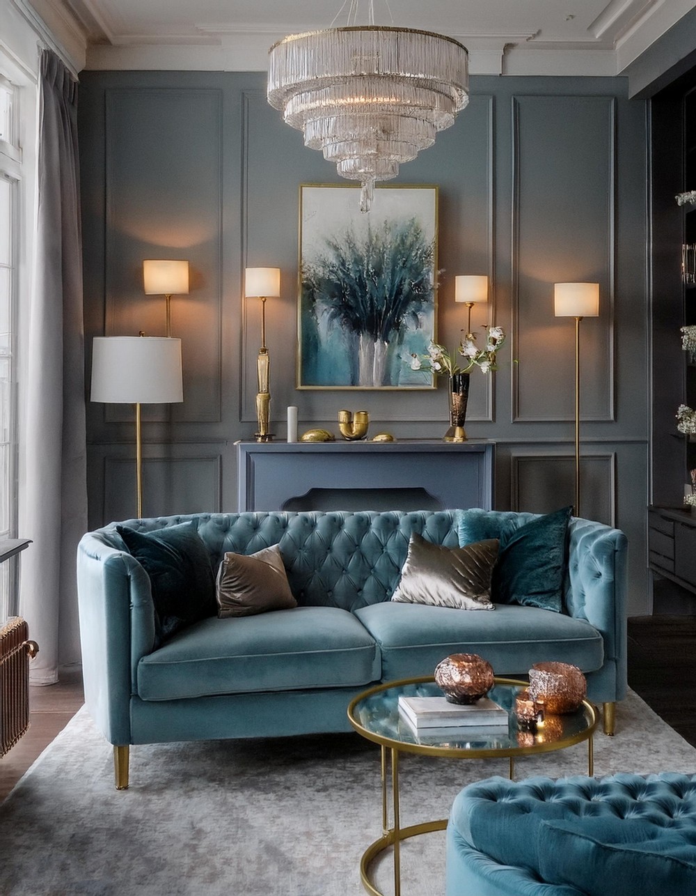 Light Blue Velvet Sofa with Luxe Accents