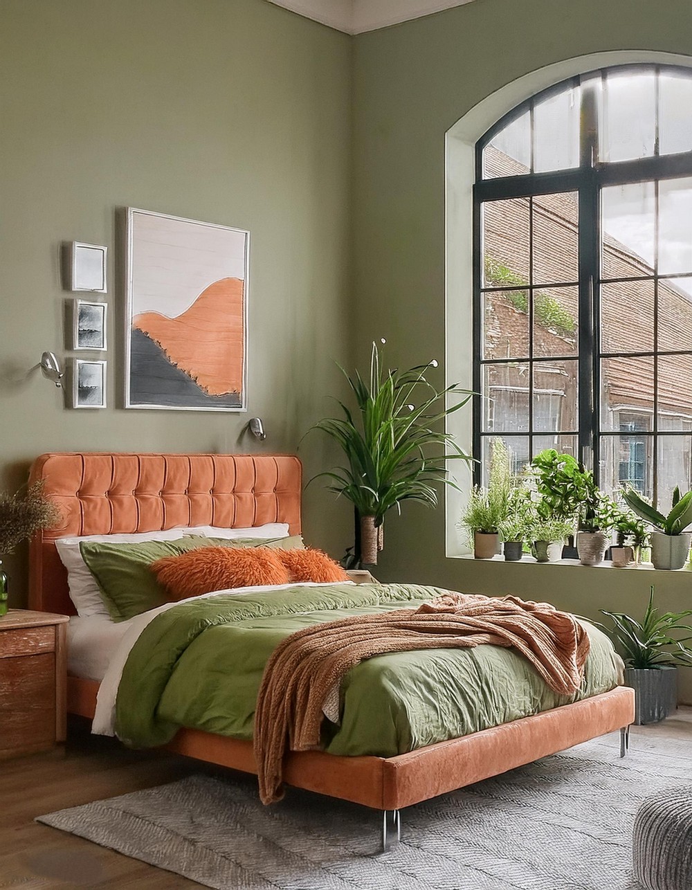 Lime Green Accent Pillows with Warm Terracotta Bed Frame