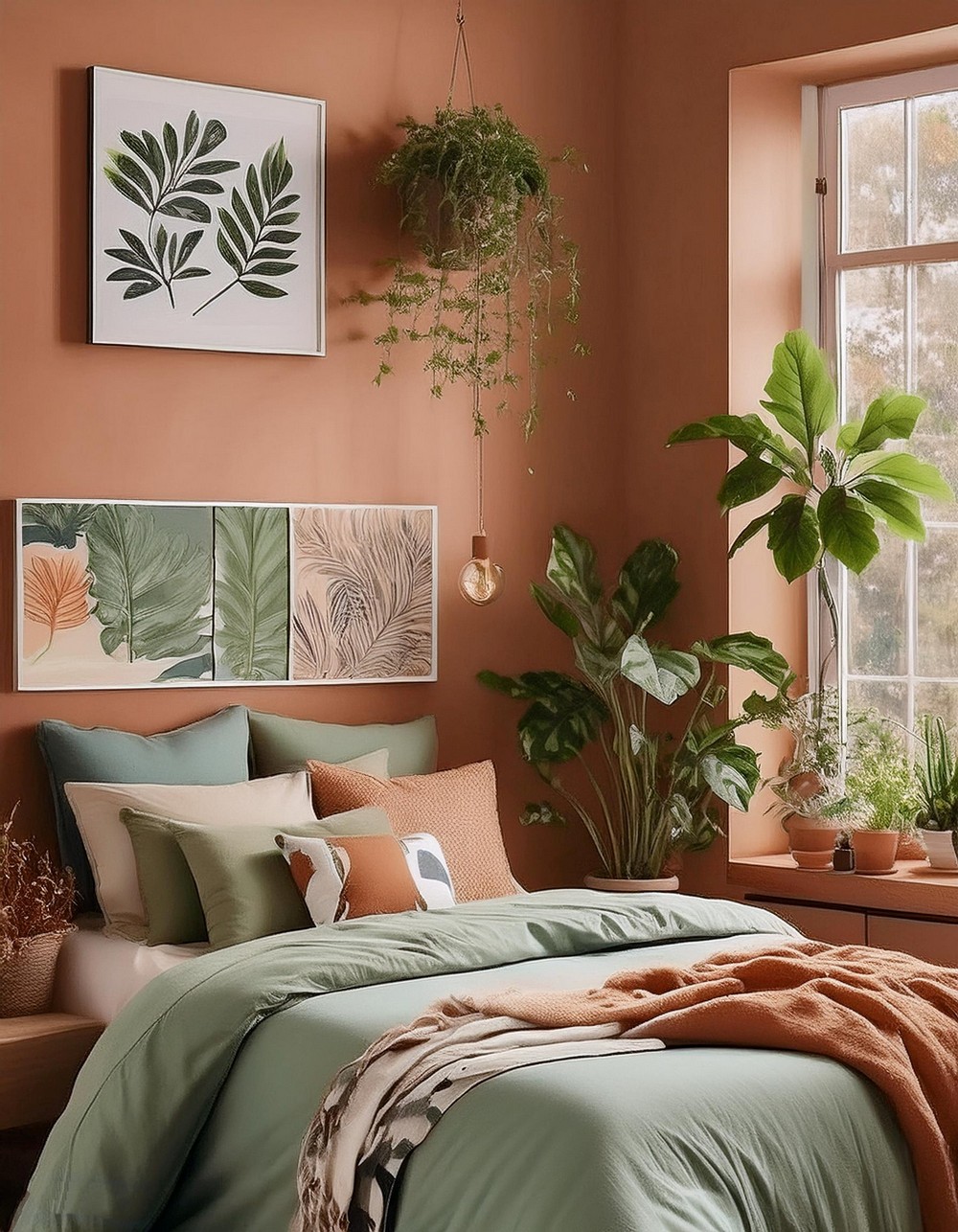 Mint Green Bedding with Terracotta-Inspired Wall Art