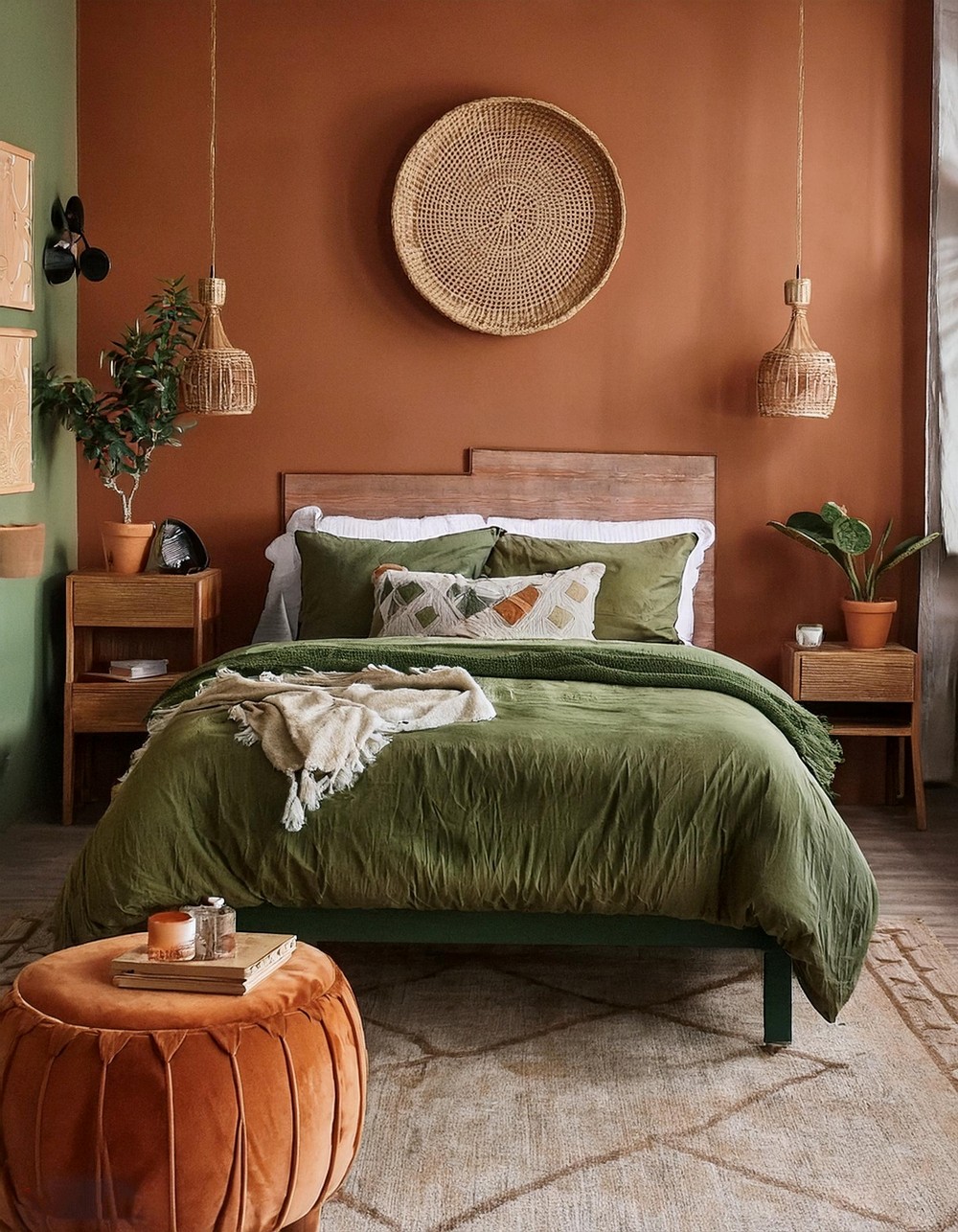 Olive Green Accent Wall with Terracotta Bedside Tables