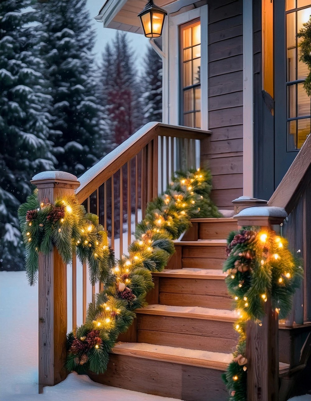 Outdoor Garland with Lights and Pinecones