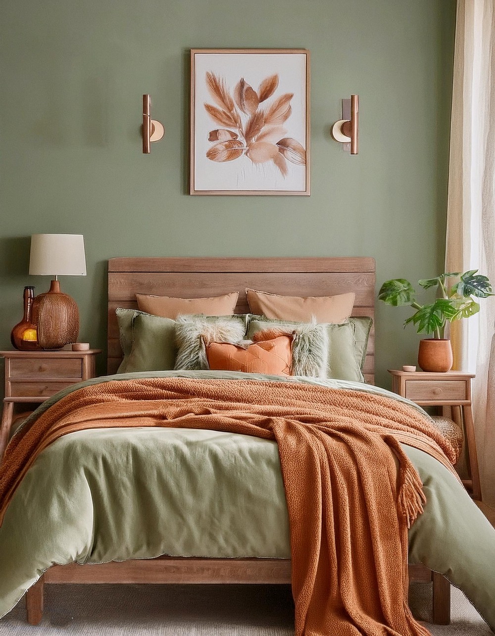 Pastel Green Bedding with Distressed Terracotta Nightstands