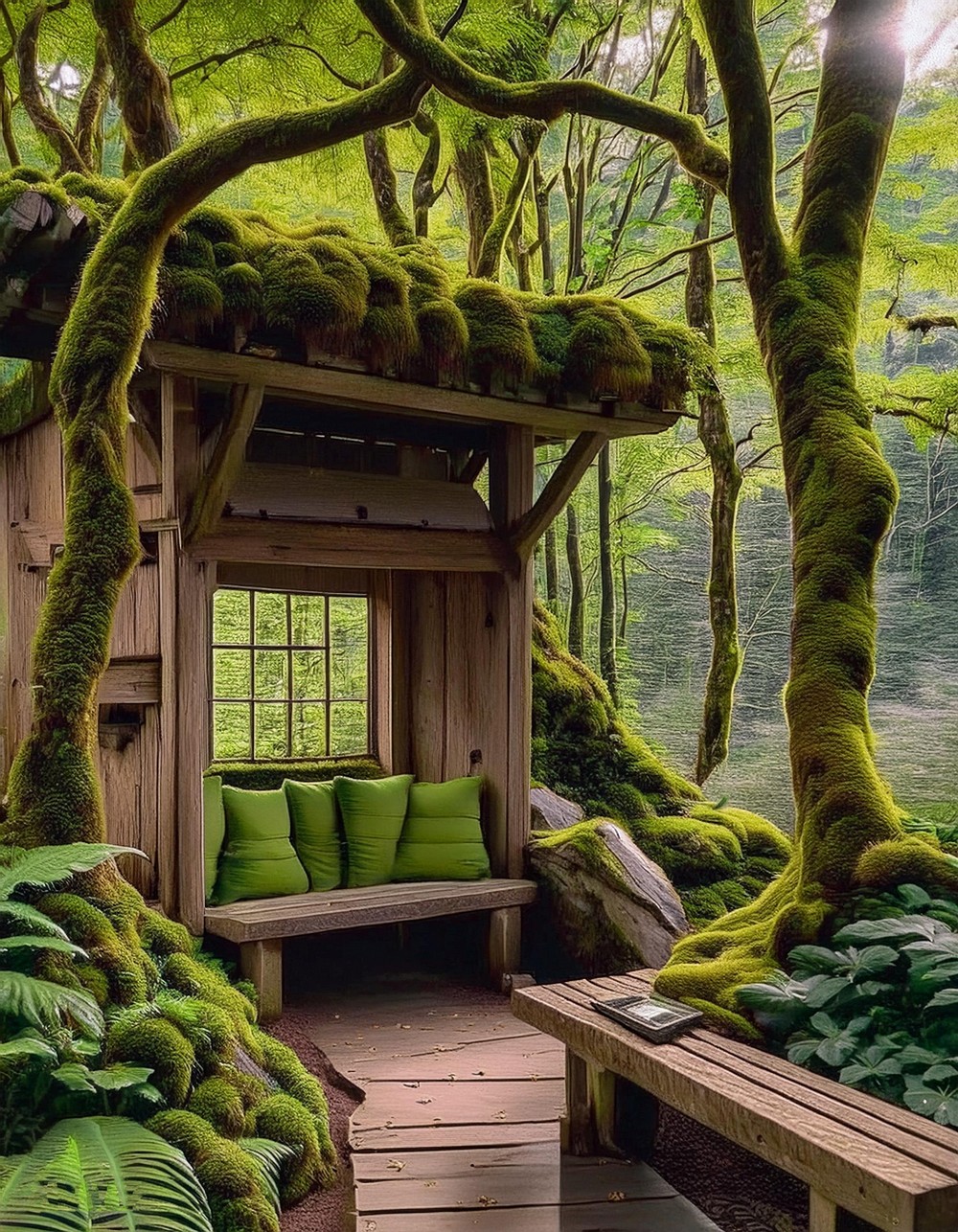 Rustic Woodland Nook with Reclaimed Wood Benches