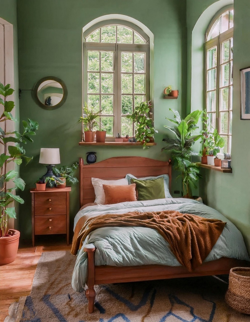 Sage Green Walls with Earthy Terracotta Floor Tiles