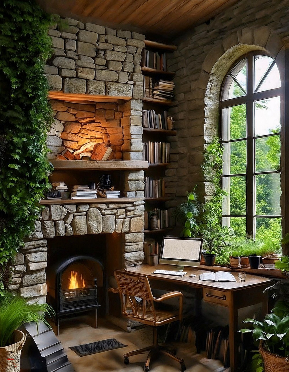 Secluded Writing Nook with Natural Stone Walls