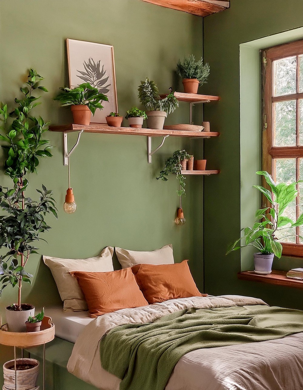 Soft Pea Green Walls with Rustic Terracotta Shelves