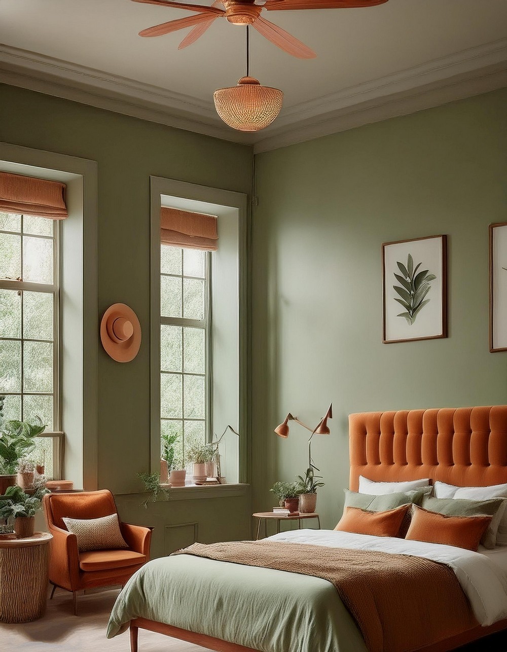 Soft Sage Green Walls with Warm Terracotta Ceiling