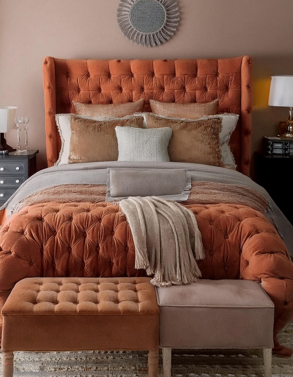 Soft Terracotta Tufted Upholstered Bed