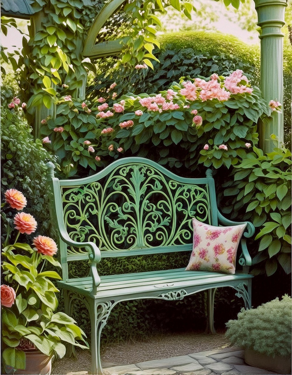 Vintage Garden Bench with Floral Patterns