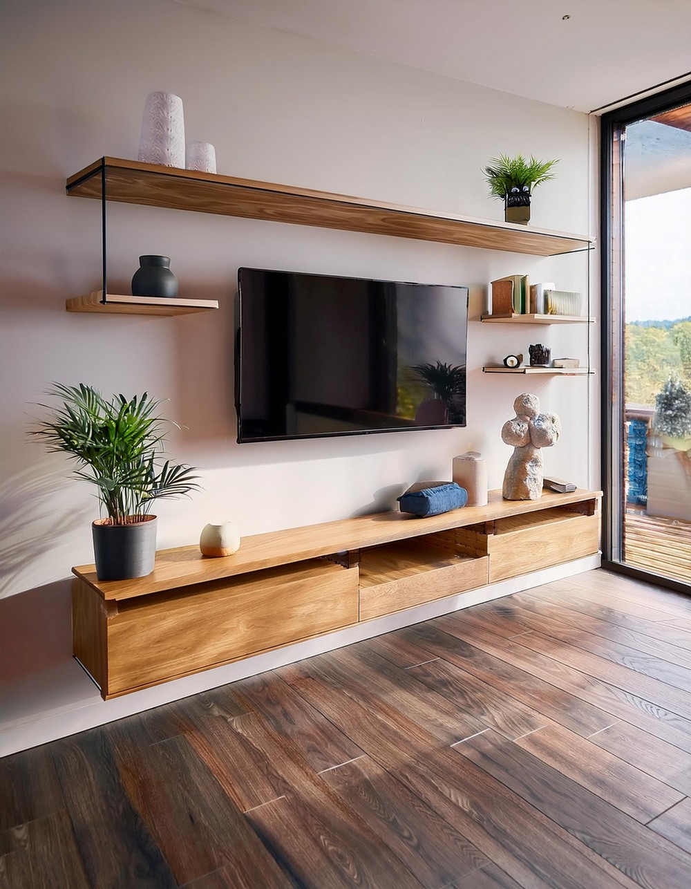 Wall-Mounted TV Stand with Floating Shelves