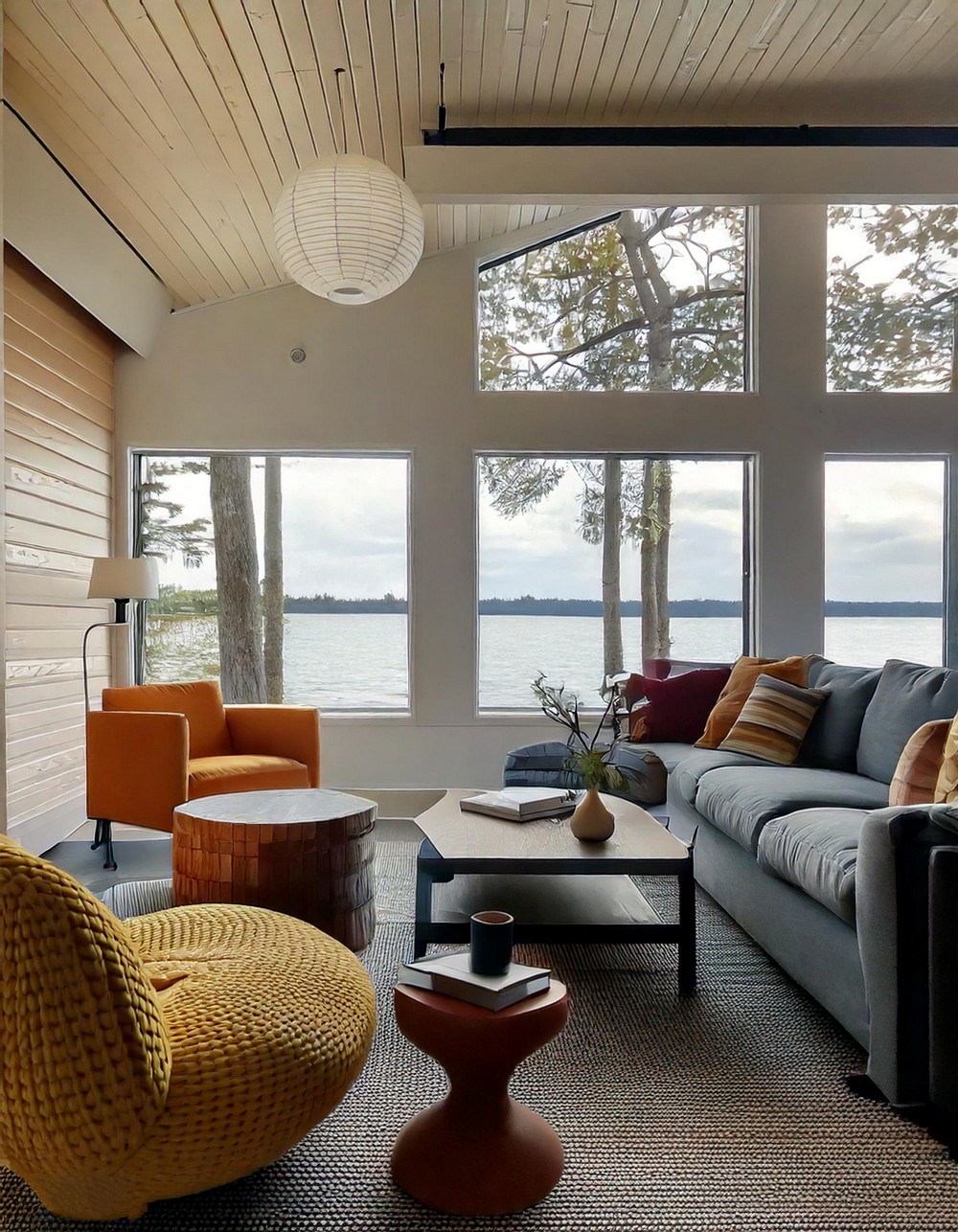 Chic Midcentury Lake View Living Rooms