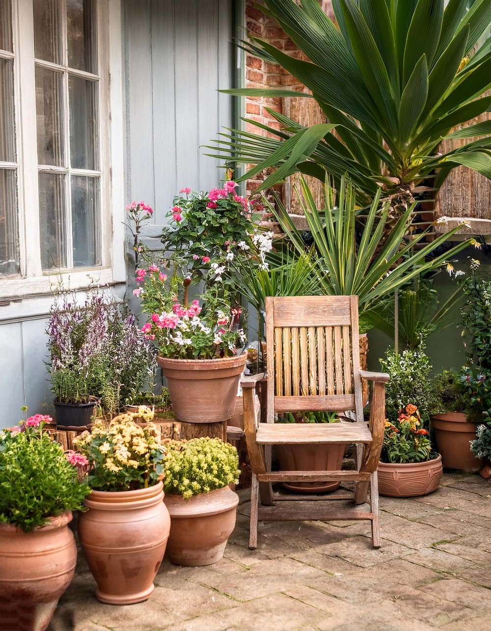 Flower Pots And An Antique Wooden Chair