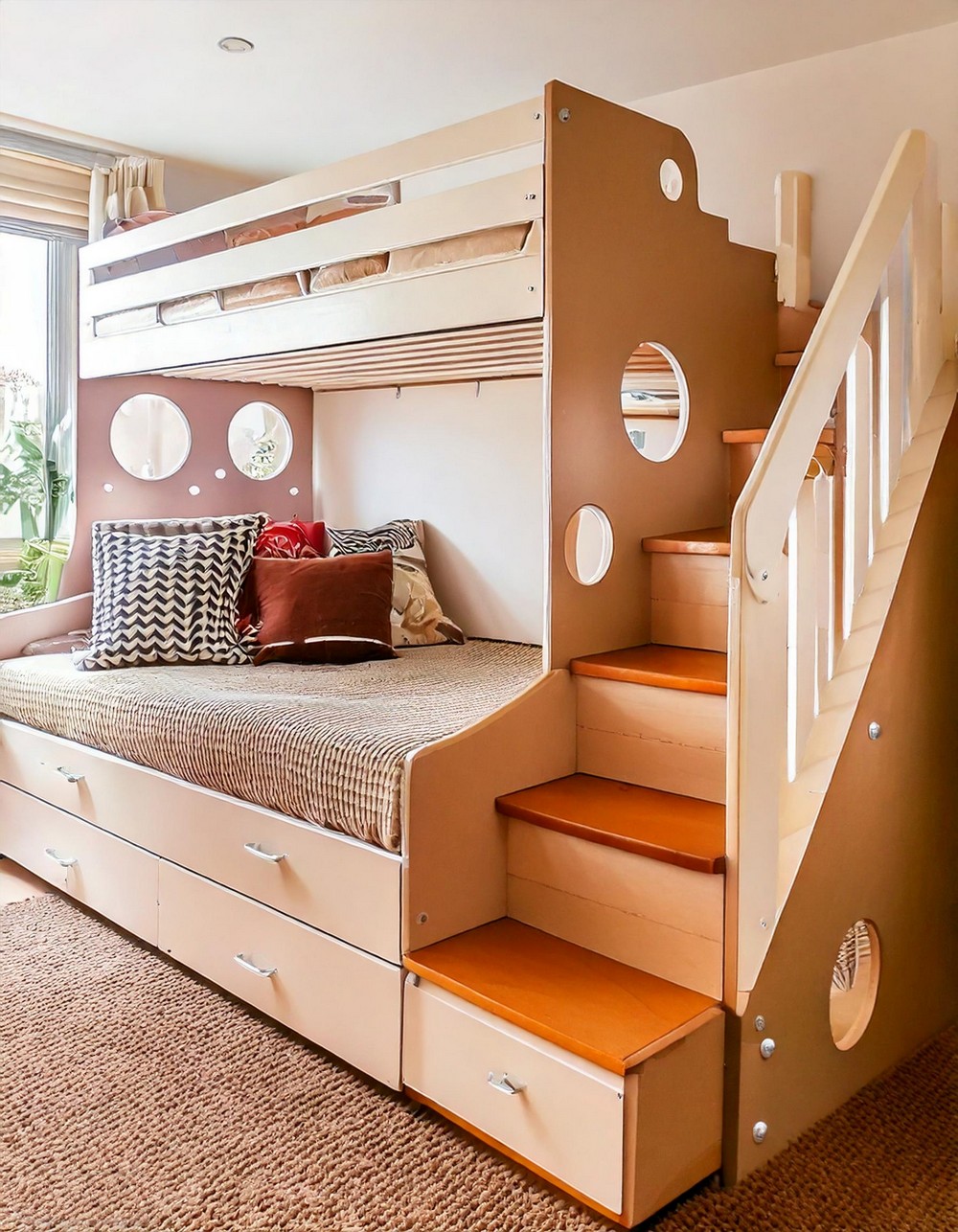 Modern Loft Bed with Circular Cutouts