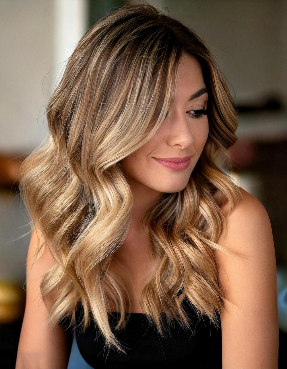 Brunette with Blonde Balayage Beach Waves