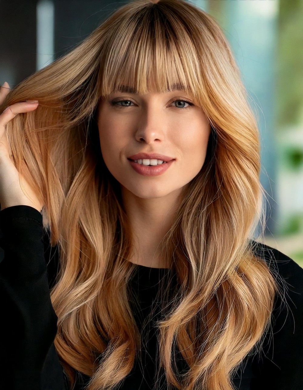 Honey Blonde Shag with Bardot Bangs