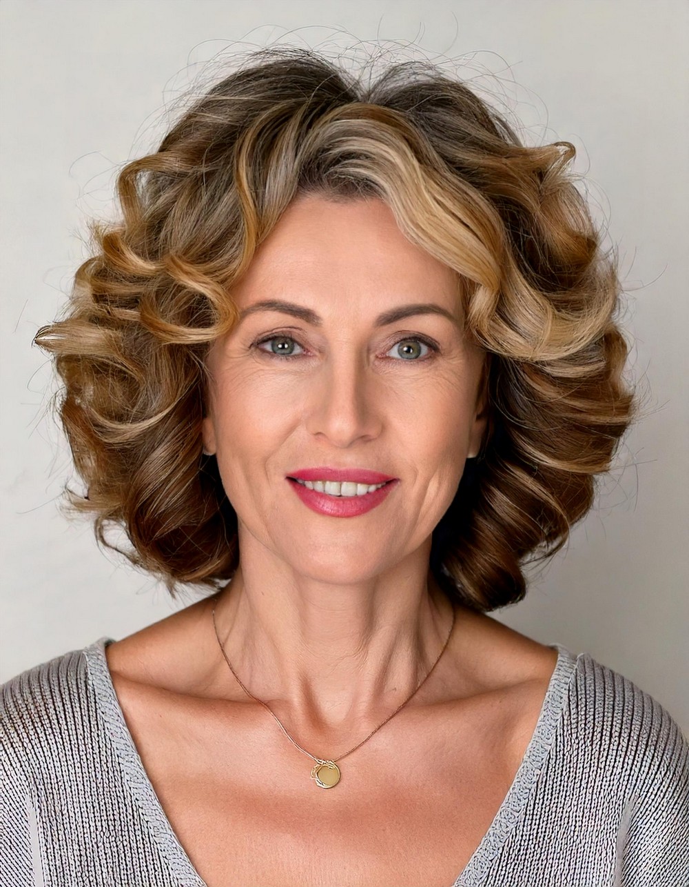 Playful Curly Bob for Seniors with Caramel Highlights